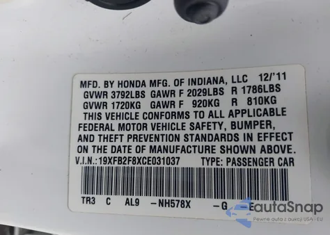 2012 Honda Civic Ex z USA, uszkodzony, nr VIN 19XFB2F8XCE031037